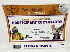 RARE: Chuck E. Cheese Halloween Boo-tabular Costume Contest Certificate 2022