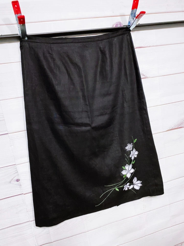 Falda Style & Co Mujer Talla 20W Negra Bordada Flores 100% Lino Cremallera Trasera Foto 2 de 4