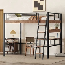 Metal Full Size Loft Bed with Built-in Desk, Storage Shelf and Ladder, Black