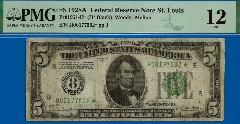 1928A $5 Federal Reserve Note PMG 12 star 2nd highest graded St. Louis star - Image 3 of 4