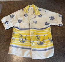 Vtg Sears Kids M 4-5 Towel Lined Beach Pool Shirt Blue Anchors Button Up