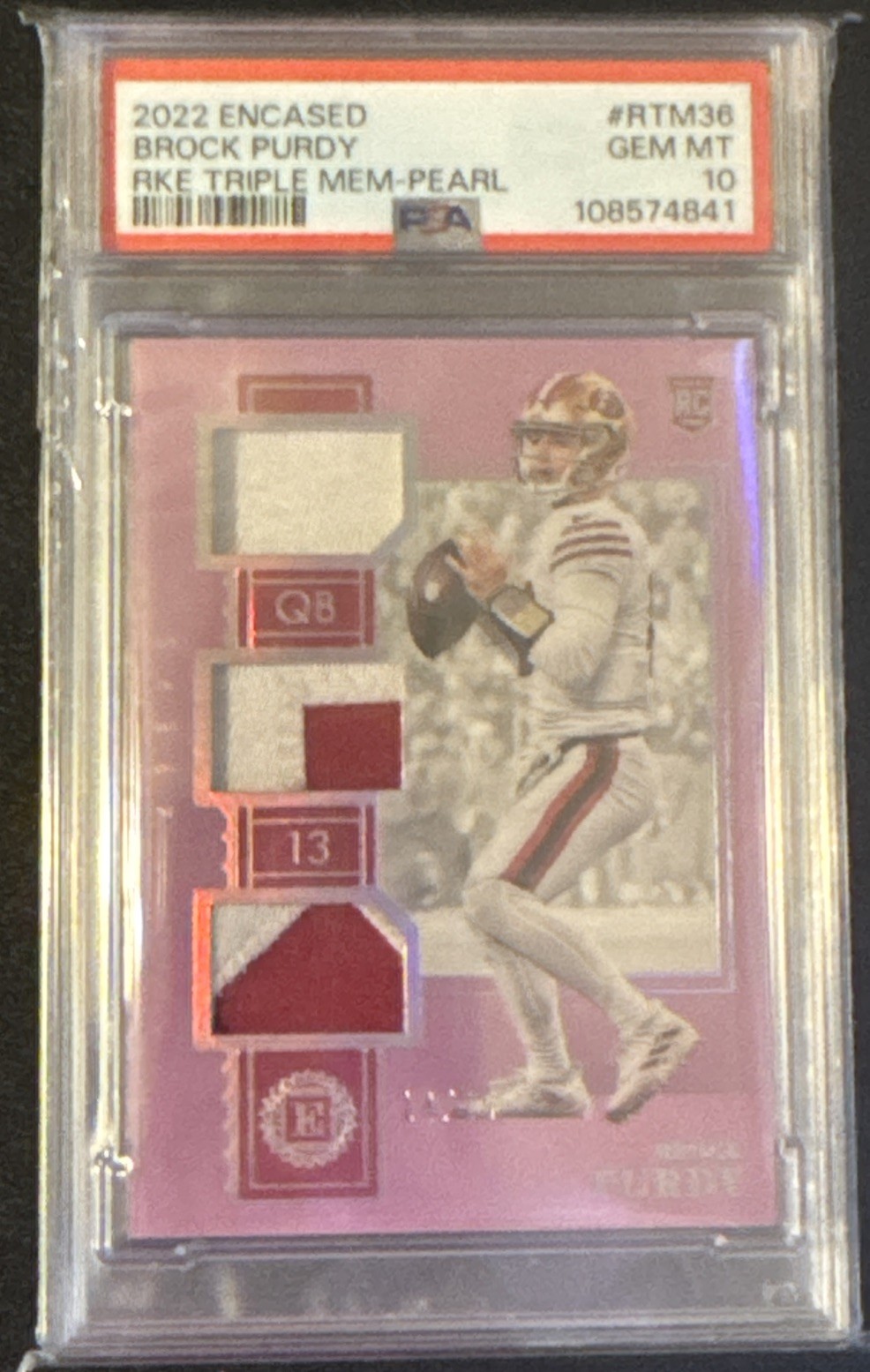 Brock Purdy Panini Encased Rookie Triple Memorabilia #RTM36 Pearl