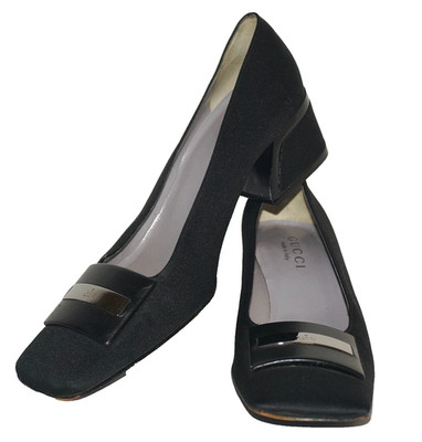 GUCCI Black Textile & Leather Square-Toe Pumps US 8.5B ITALY