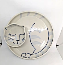POTTERY CAT CHIP AND DIP SET 1 PIECE Blue And White Stone wear Heavy 