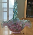Vintage Fenton Rose Magnolia Iridized W/Sea Green Crest Basket Signed B Fenton
