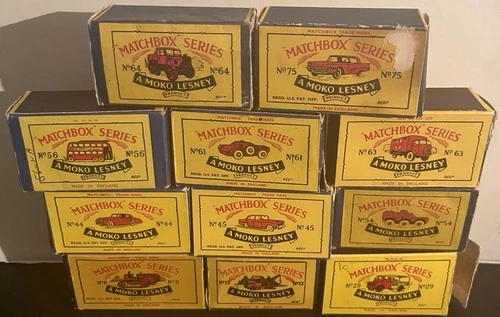 11 USED MOKO LESNEY MATCHBOX REGULAR WHEEL EMPTY BOXES 8 13 29 44 56 61 63 64 75