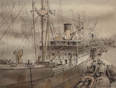 ROWLAND FISHER (1885-1969) SIGNIERTES BRITISCHES AQUARELL - BALTAVIA AM HAFEN