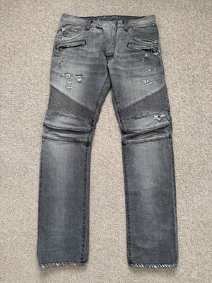 FW10 Balmain by Christophe Decarnin Grey Distressed Zip Biker Denim Jean Size 31