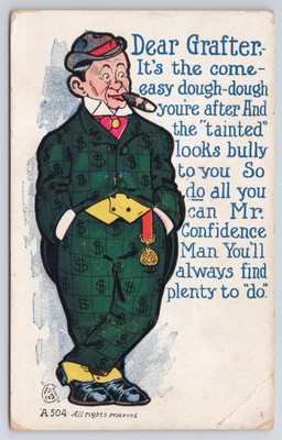 Dear Grafter Postcard Confident Man Con Artist Smokes Cigar Dapper Gent Dandy