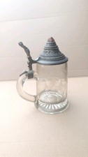 antiker Glas Bierkrug mit Zinndeckel datiert 1889 Schälschliff & Glasstein Traum