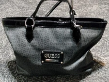 GUESS Womens Purse Large Bag Tote Shoulder Faux Leather Black Gray animal print