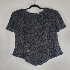 Adrianna Papell Boutique Beaded Blouse Top XL 100 Silk Black Party Wedding Vtg