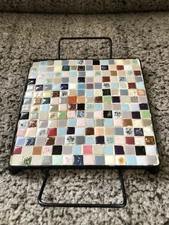 Vintage 1950s Mosaic Tile Trivet Footed Raised Stand Handles Retro MCM Colorful