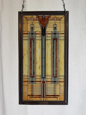 Frank Lloyd Wright Stained Glass Hanging Framed Panel Art Deco Geometric