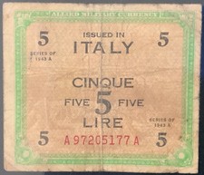 1943-A ITALY MILITARY PAPER MONEY - 5 LIRE BANKNOTE!