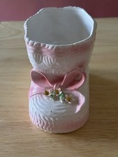Porcelain Pink Baby Shoe. Retro 1950s Japan. Beautiful Details and Flowers.