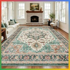 8x10 Area Rug Green Brown Boho Medallion Washable Low Pile Non-Slip Living Room