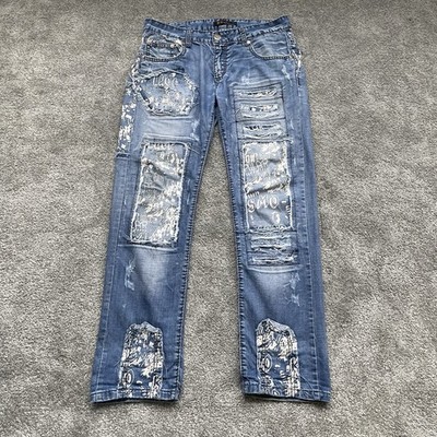Kosmo Lupo KM272 Jeans Herren W34 Distressed Patchwork Y2K Streetwear Denim