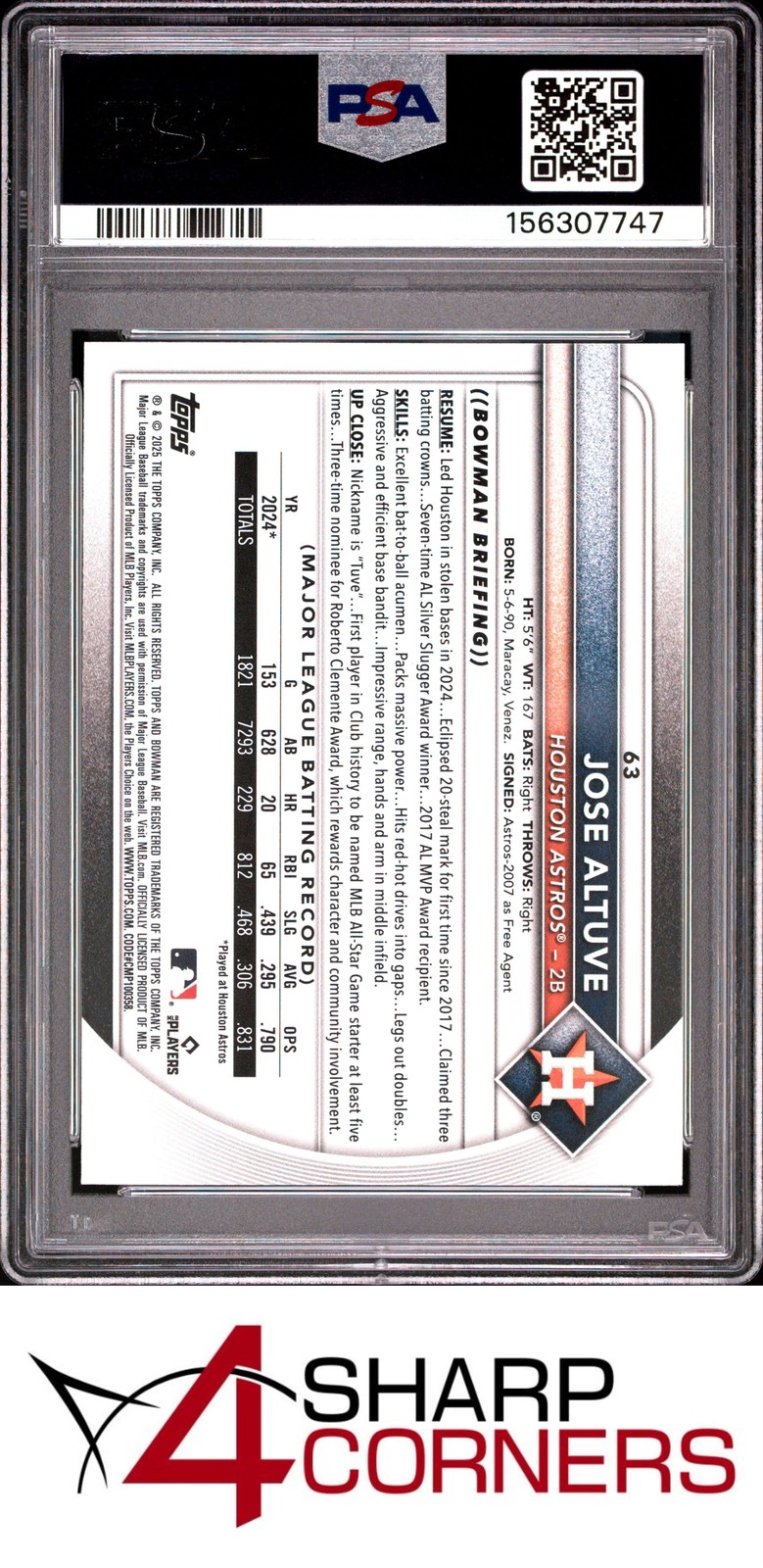 2025 BOWMAN #63 JOSE ALTUVE PSA 10 view 2