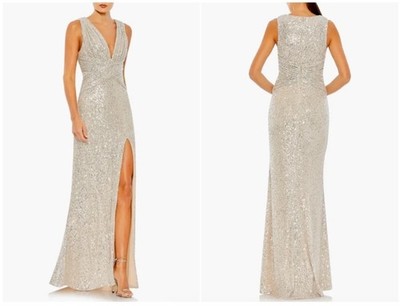 MAC DUGGAL 26598 SPARKLE SEQUIN V-NECK WRAP WAIST SHEATH NUDE GOWN sz 2 FastShip
