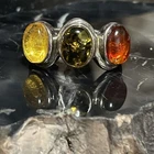 Vintage Sterling Silver Amber Three Stone Ring Size 7