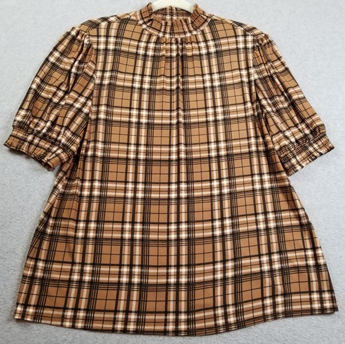 ANNE KLEIN Top Damen Medium M braun schwarz kariert Kurzarm Preppy Arbeitsjersey