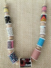 Handmade Garland Fabric Wrapped Upcycled Thread Spools & Wooden Beads 27-inch