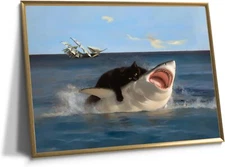 Yaneiro Black Cat Wall Art, Funny Quirky Cat and Shark Pictures Canvas Print