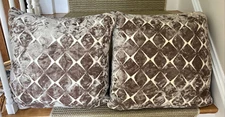 2 Ryan Studio Beige Brown Velvet Linen Throw Pillows + Feather Inserts PAIR 22”