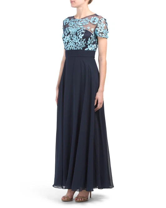 JS COLLECTIONS Navy Turquoise Embroidered Floral Illusion Sheer Chiffon Gown 4 - Image 4 of 4