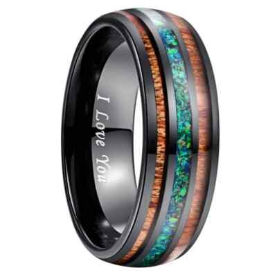 NUNCAD Ring Damen/Herren Wolfram mit Opal und Koaholz, 72 mit Gravur