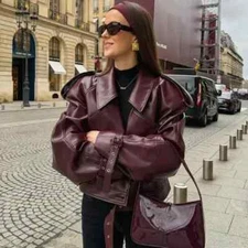 Elegant Burgundy PU Leather Crop Jacket – Women's Streetwear Must-Have for 2025