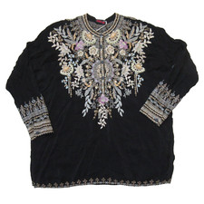NWT Johnny Was Mandiya Blouse in Black Floral Embroidered Henley Top S