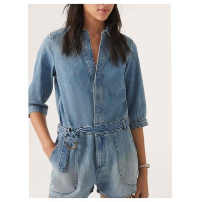 New Ba&Sh Women's Denim V-Neck 3/4 Sleeve Belted Button Down Romper Size 1