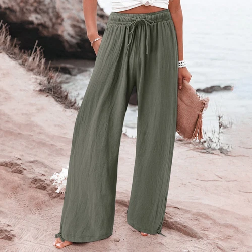 Women Loose High Waist Drawstring Cotton Linen Wide Leg Long Pants With Pockets - Picture 17 of 44