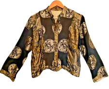 CITRON Santa Monica Silk Brocade Asian Jacket Black Silver Gold Cropped M