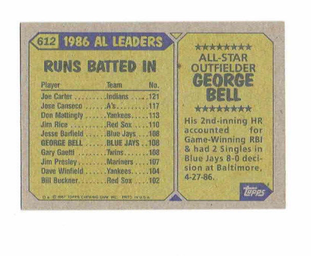 George Bell All Star OF #612 1986 AL Leaders Topps 1997 Baseball