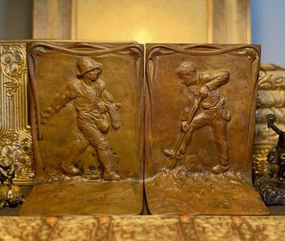 ANTIQUE USA GRIFFOUL BRONZE STERN BROS. N.Y. AMERICAN JOHNNY APPLESEED BOOKENDS