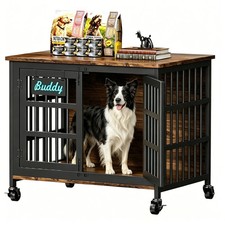 26,32"Dog Crate Wooden Kennel Heavy Duty Cage with Wheel End Table Pet Furniture
