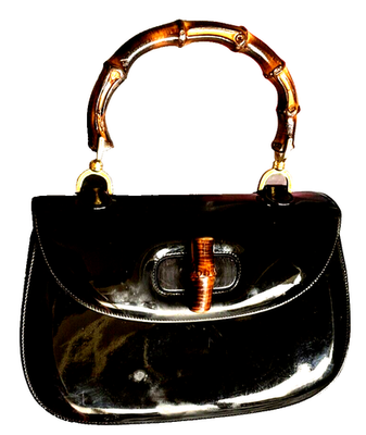 AUTH GUCCI 60' CLASSIC BLACK PATENT LEATHER HANDBAG BAMBOO HANDLE