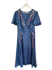 Monsoon Blue Embroidered Dress Elizabeth Jacquard RRP £80 Size 14 Midi