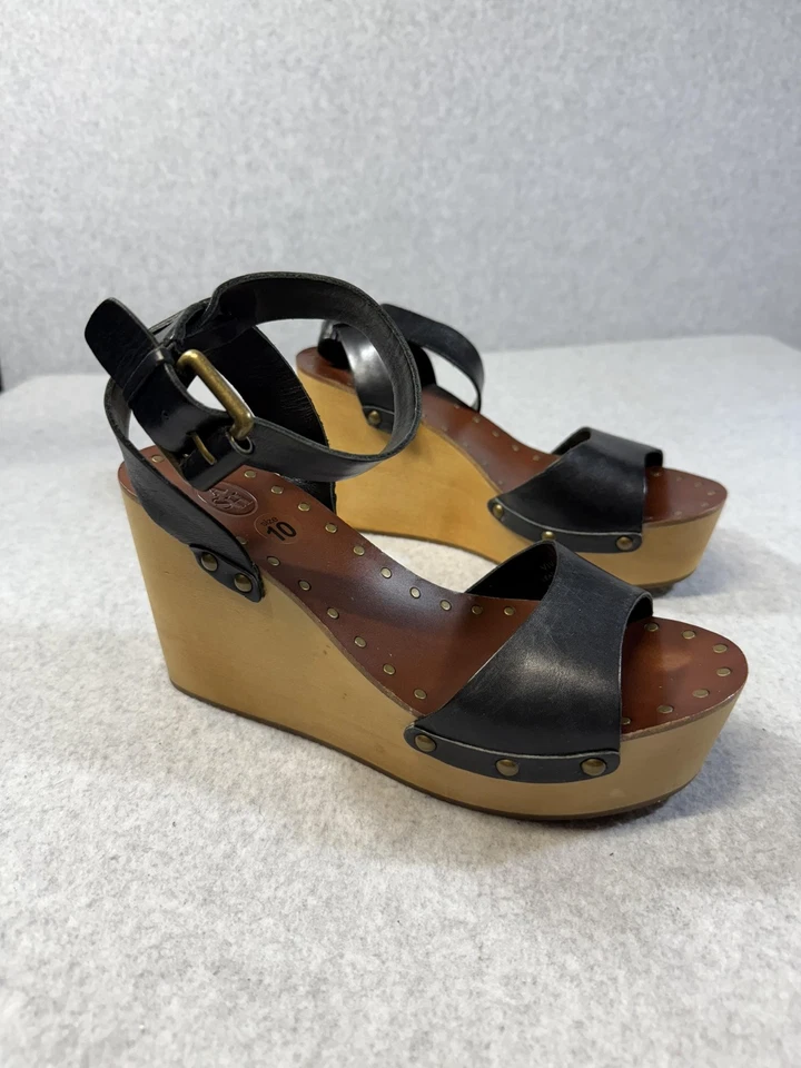 Zapatos ASH para mujer talla 10 sandalias de cuña con plataforma de cuero negro tacón de madera con tachuelas Foto 2 de 4