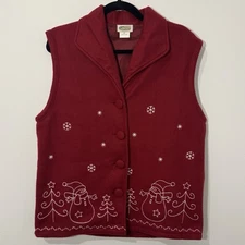 Collections Etc Holiday Button-Up Vest Snowmen & Snowflakes Embroidered SZ - M