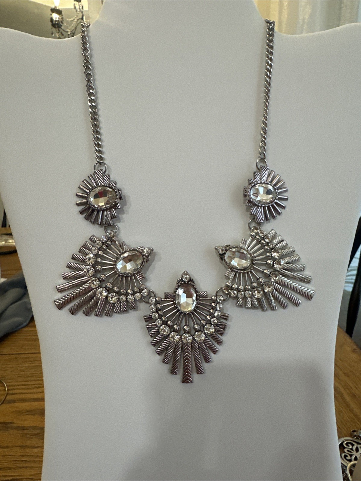 Bold Silver Tone Rhinestone Statement Necklace Su… - image 1