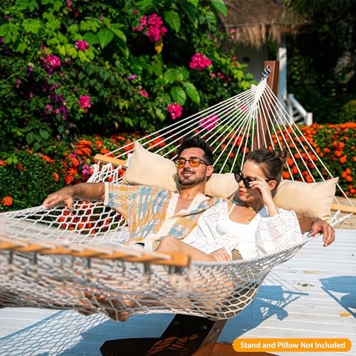 12FT Double Rope Hammocks, 2 Person Hand Woven Cotton Hammock with Natural - Picture 4 of 7