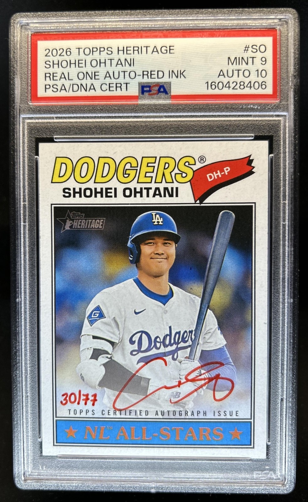 2026 Topps Heritage Shohei Ohtani Real One Auto Special Red Ink #/77 PSA 9 10