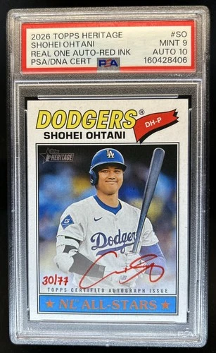 2026 Topps Heritage Shohei Ohtani Real One Auto Special Red Ink #/77 PSA 9 10