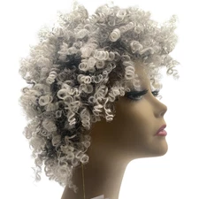 Spiral Curls Afro Wig Human Hair Blend Black Silver White Large Size NWT