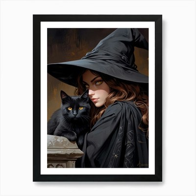 Hexe und Katze 2 Kunstdruck gerahmt Wandbild Poster Leinwanddruck Bild