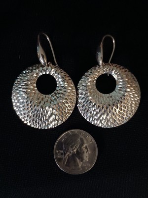 925 Sterling Silver Thailand Vintage Hammered Concave Disc Drop Earrings! LOOK!!